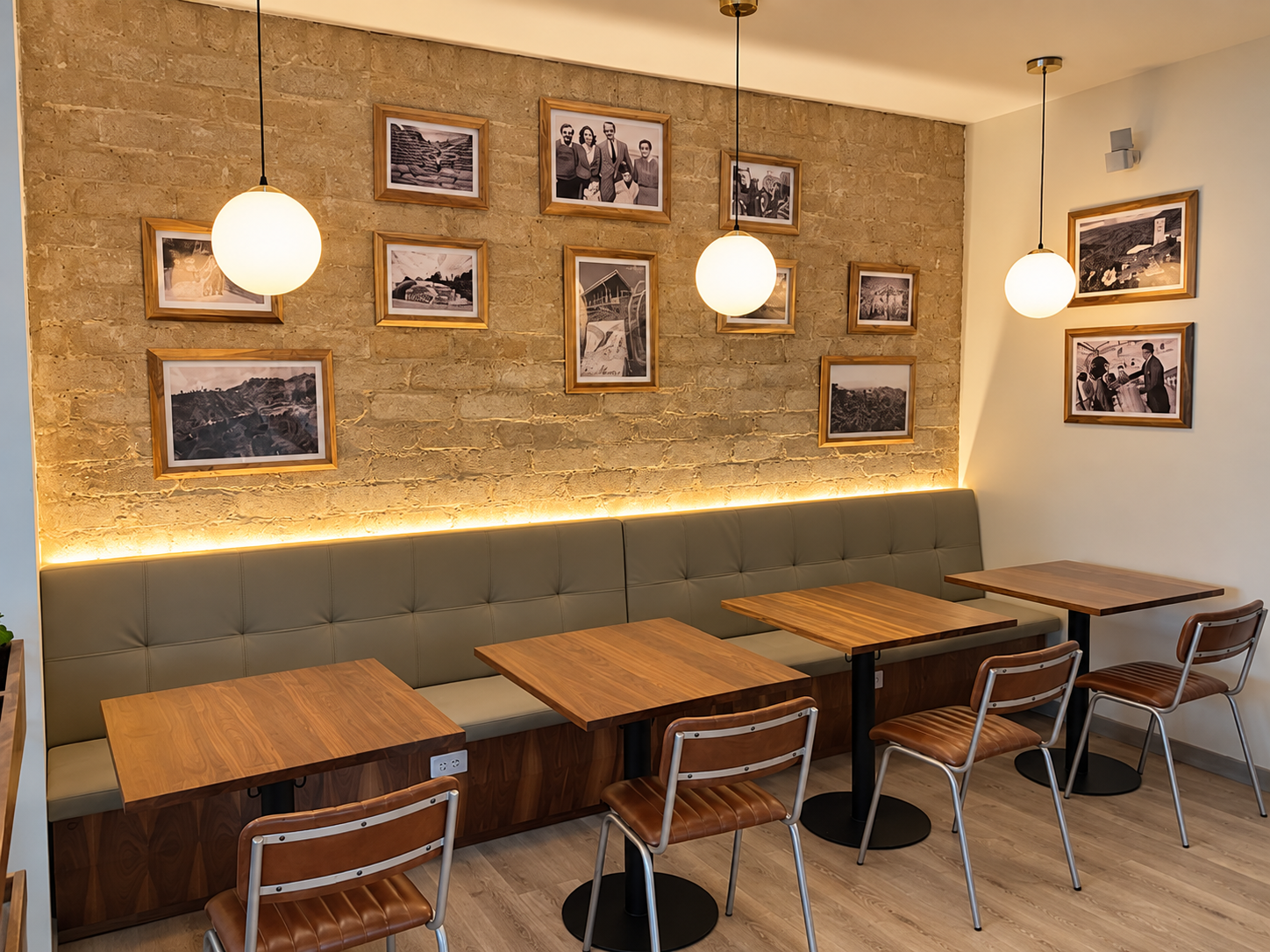 Café San Alberto — Barra de servicio, salón y mobiliario de exhibición de marca