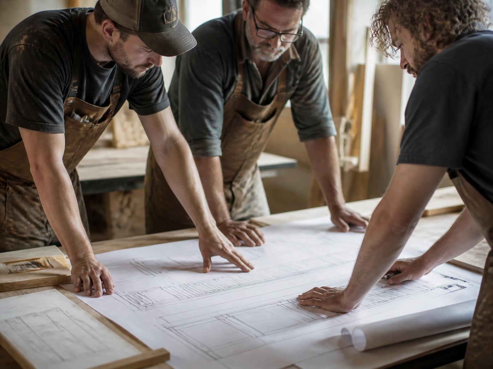 El equipo de IMB Muebles y Diseños trabajando sobre los planos de un proyecto